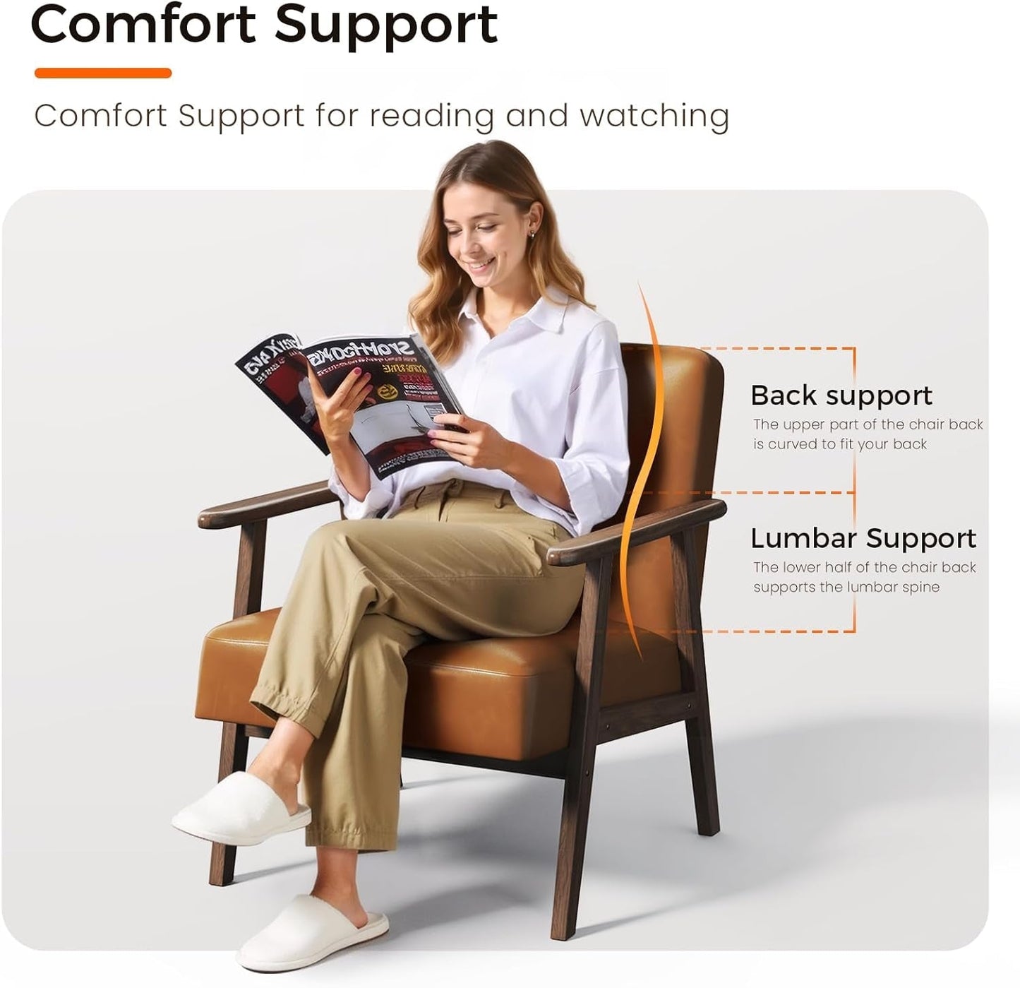 Brown PU Leather Upholstered Chair With SolidWoodLegs-3