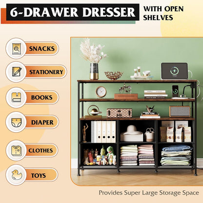 Led Dresser TV Stand for Bedroom, Entertainment Center with LED Lights and Power Outlet, 6 Drawer Dressers with Double Open Shelves, Rustic Brown TV Stands-3