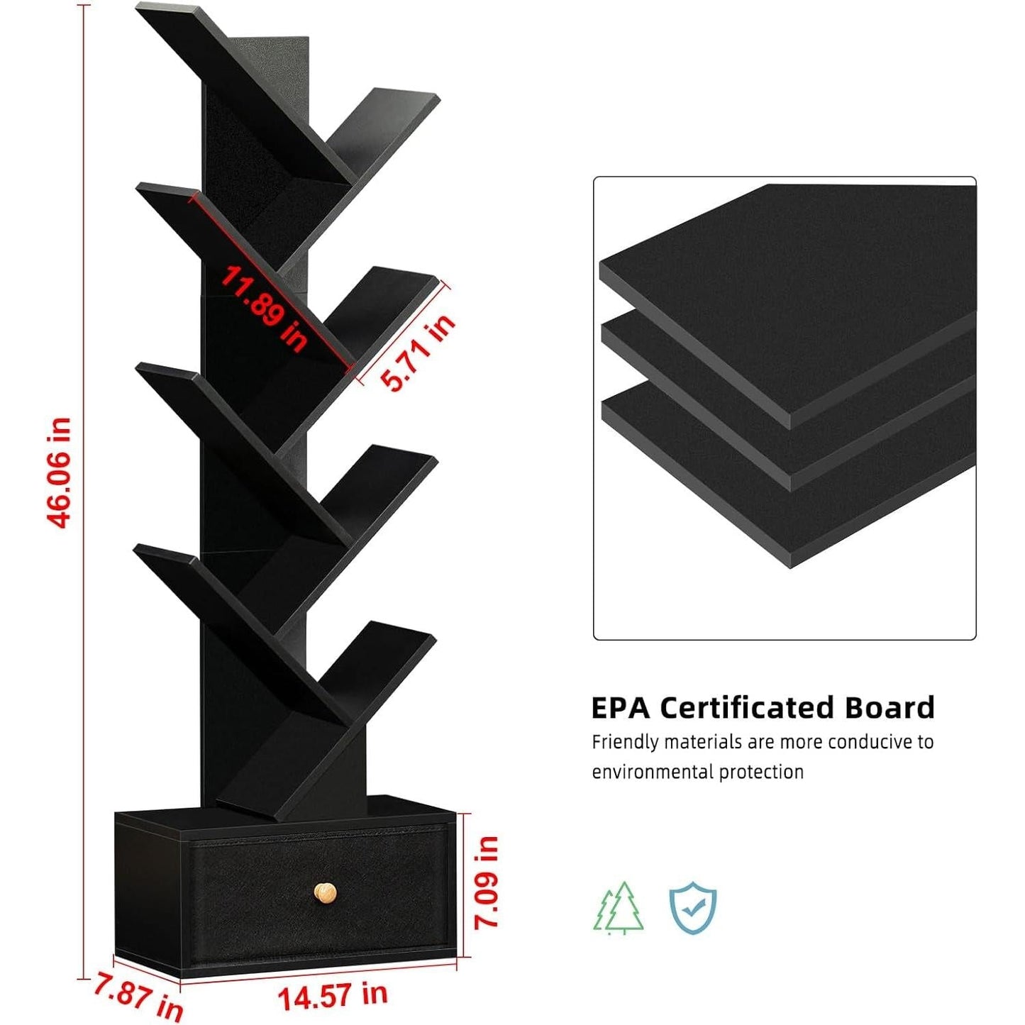 8 Tier Tree Bookshelf with Drawer, Free Standing Wood Bookcase for Living Room, Bedroom, Home Office, Space Saving Storage Organizer Bookshelves for Books, Cds, Vinyl Records- Black-2