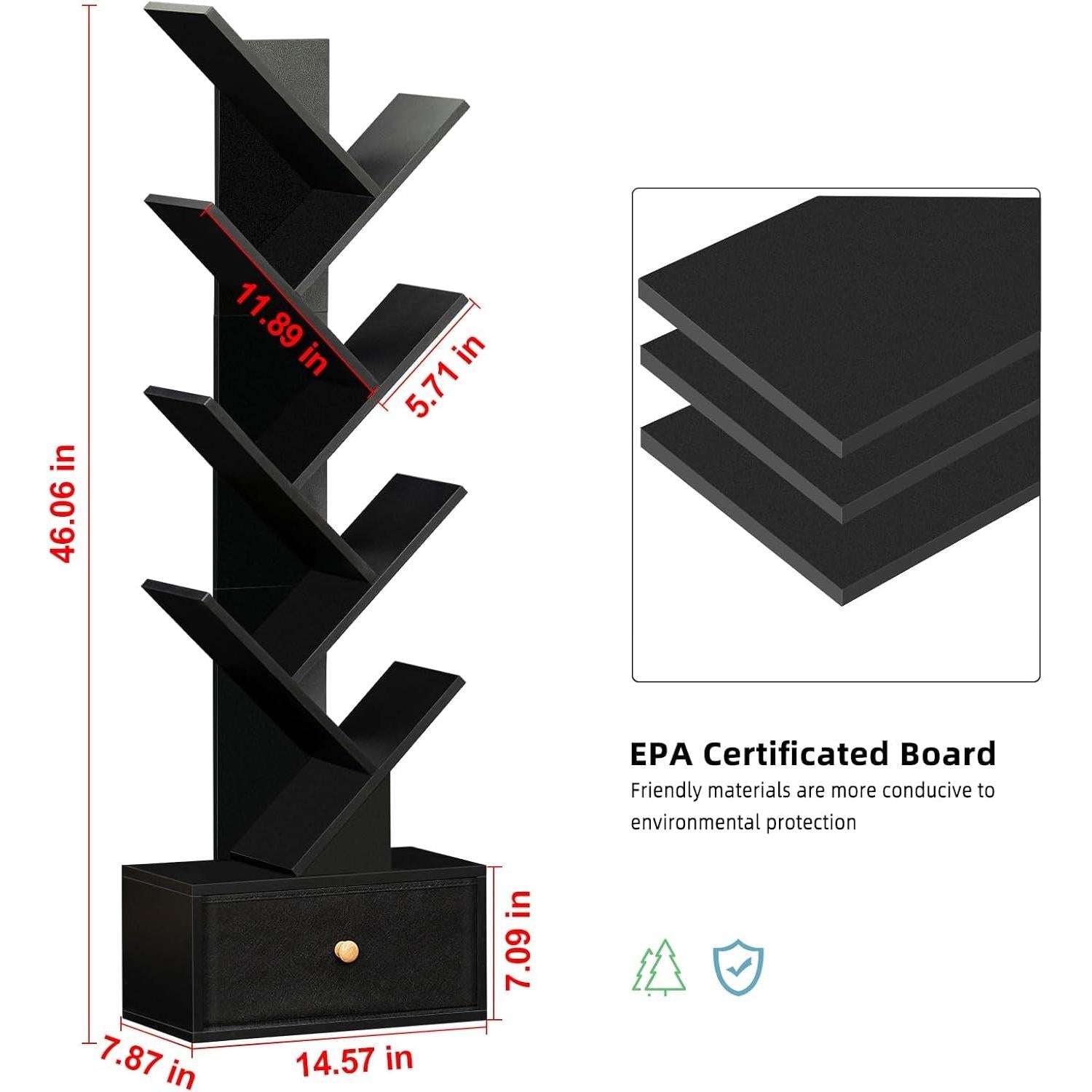 8 Tier Tree Bookshelf with Drawer, Free Standing Wood Bookcase for Living Room, Bedroom, Home Office, Space Saving Storage Organizer Bookshelves for Books, Cds, Vinyl Records- Black-2