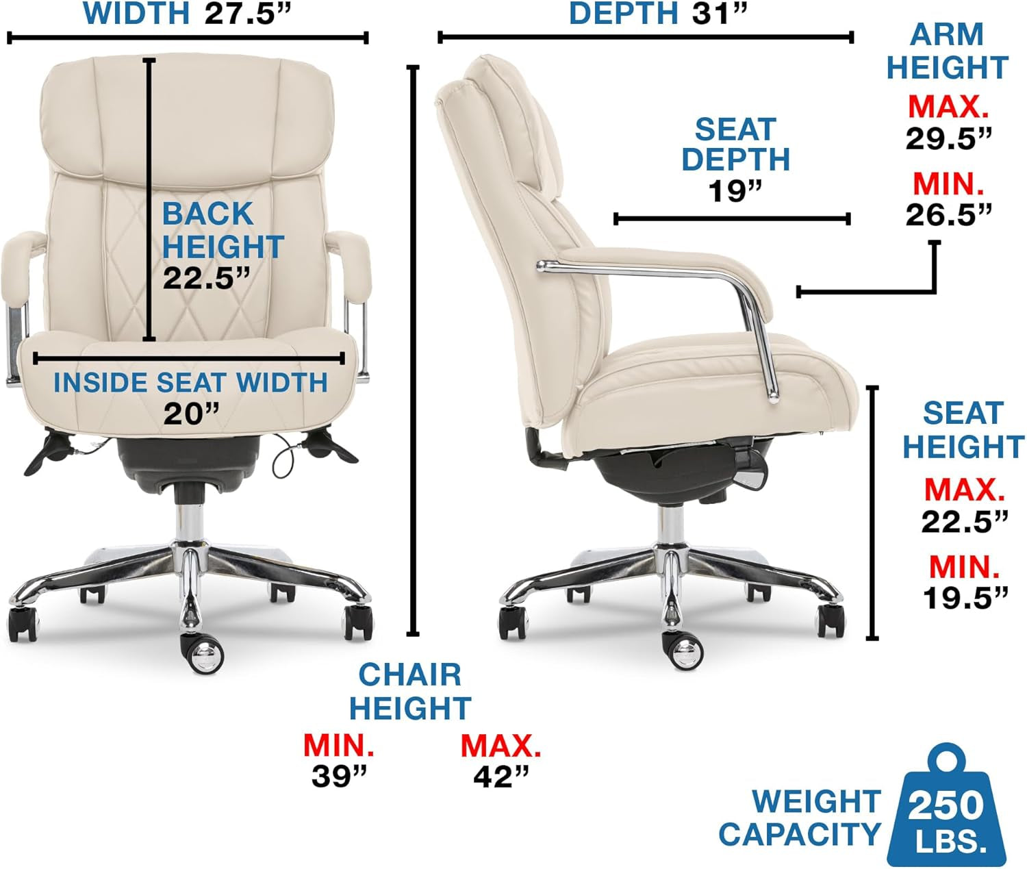 Sutherland Quilted Leather Executive Office Chair with Padded Arms, High Back Ergonomic Desk Chair with Lumbar Support, Ivory White Bonded Leather-2