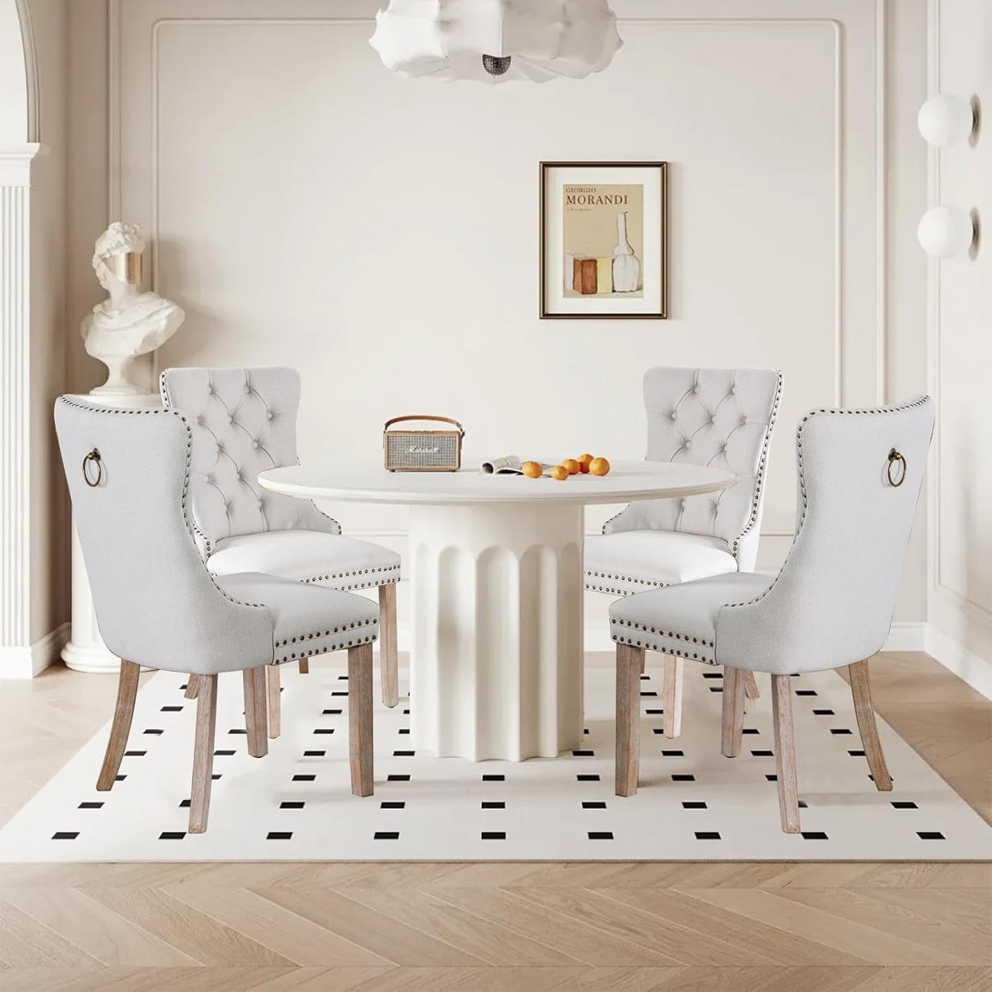 Linen Upholstered Dining Chairs Set of 4, Modern Style Kitchen Side Chairs with Nailhead Trim and Wood Leg, Metal Pulling Ring for Dining Room Living Room(Beige,Set of 4)-1