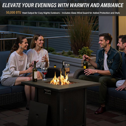 5 Piece Outdoor Patio Furniture Set with 50000 BTU Propane Fire Pit Table, Deep Seating Wicker Swivel Rocker Chairs and Loveseat Glider Patio Conversation Set for Deck Poolside Backyard Blue-2