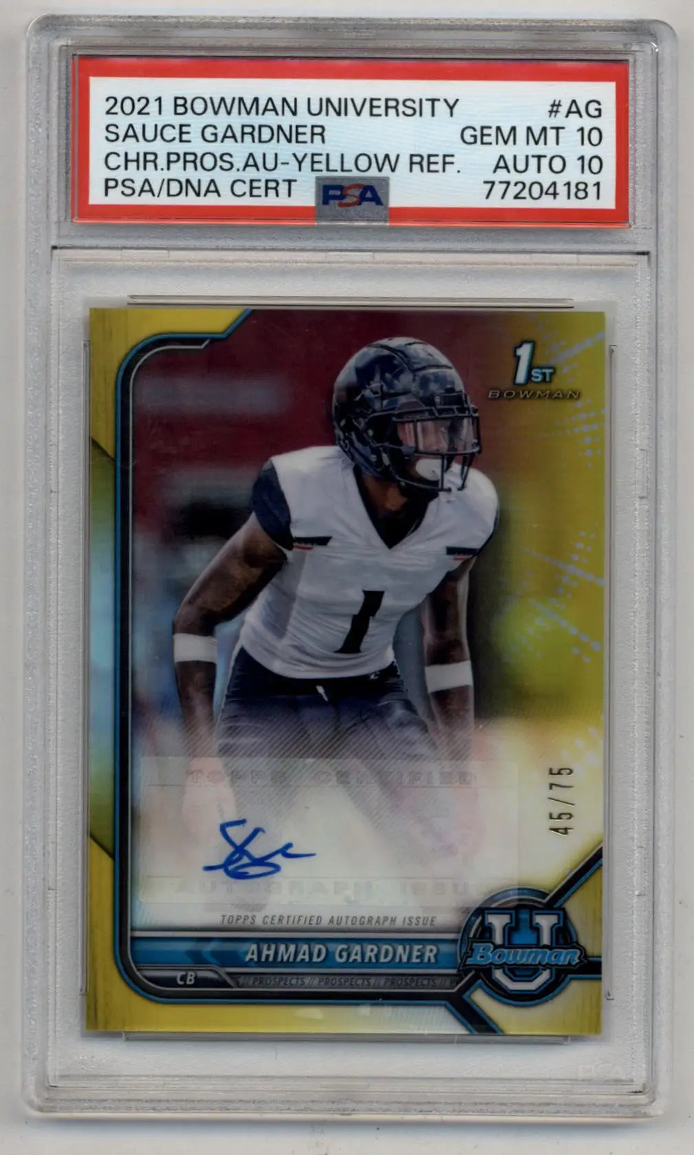 Ahmad Sauce Gardner 2021 Bowman University Yellow Refractor Auto PSA 10 Gem Mint