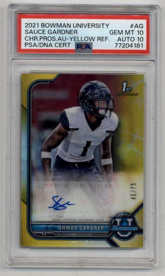 Ahmad Sauce Gardner 2021 Bowman University Yellow Refractor Auto PSA 10 Gem Mint