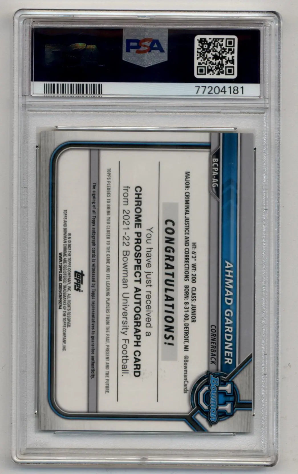 Ahmad Sauce Gardner University Yellow Refractor Auto PSA Gem Mint card in slab