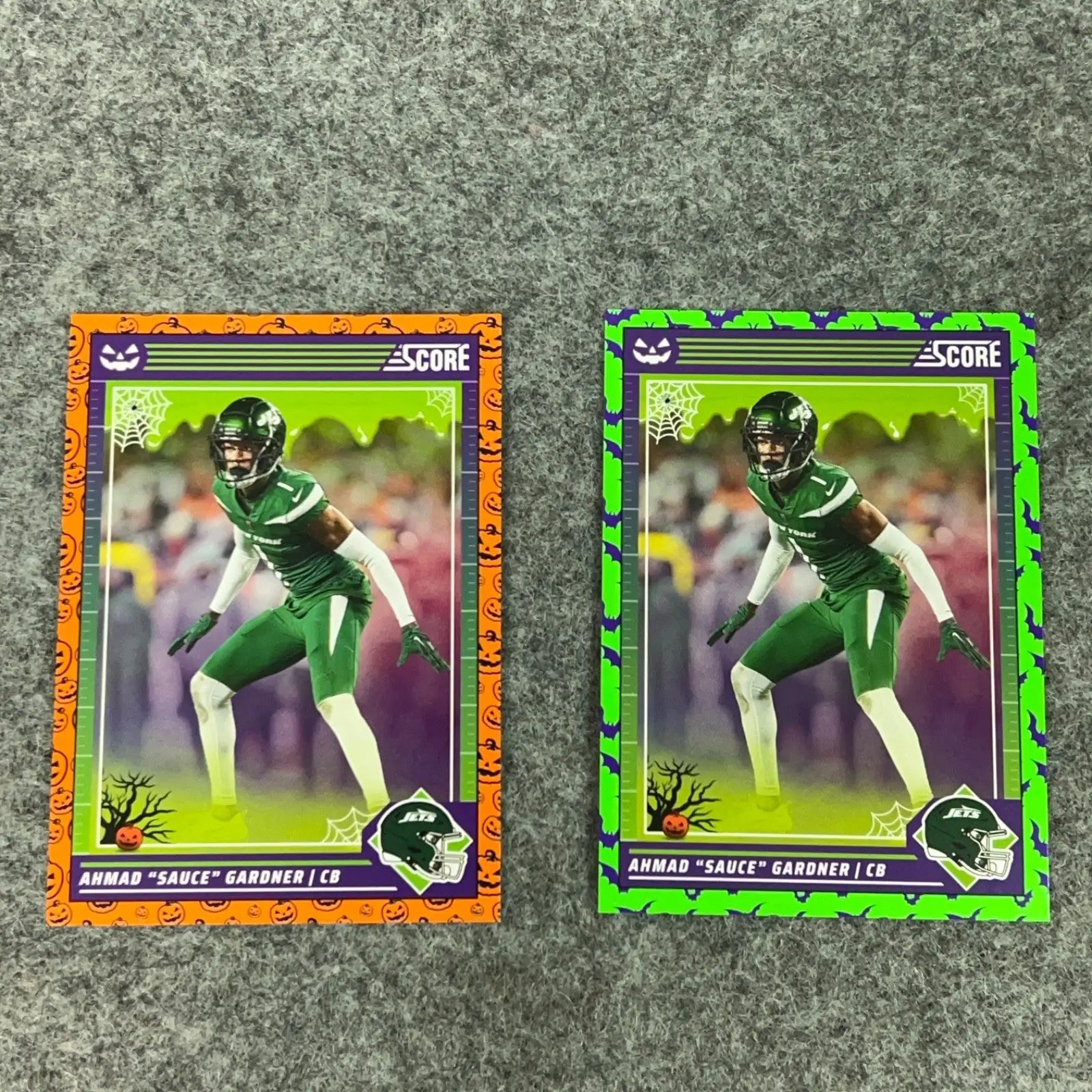 Ahmad Sauce Gardner Jets football card set with Halloween-themed collectible trading cards