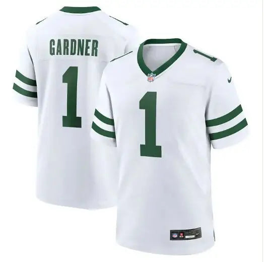 White football jersey with green trim and number 1 for Ahmad Sauce Gardner York Jets Nike
