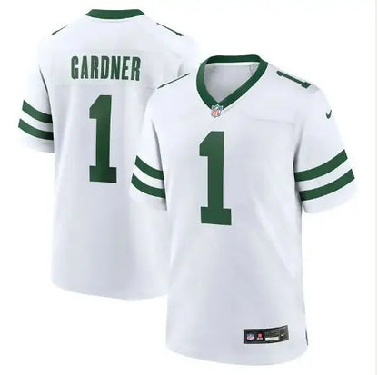 White football jersey with green trim and number 1 for Ahmad Sauce Gardner York Jets Nike