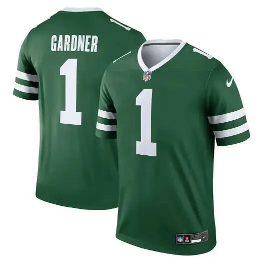 Green and white Gardner #1 football jersey featuring Ahmad Sauce Gardner for New York Jets Nike