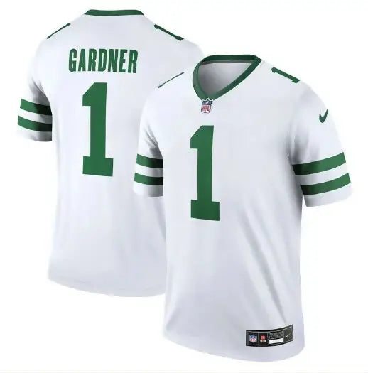 White football jersey with green trim and number 1 featuring Ahmad Sauce Gardner for Jets