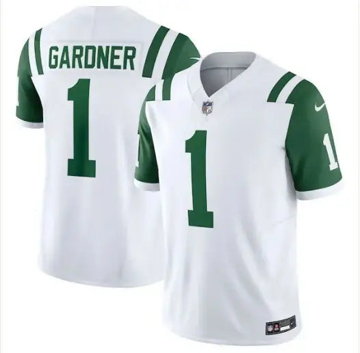 White and green Jets Nike Classic Alternate football jersey with ahmad sauce gardner number 1