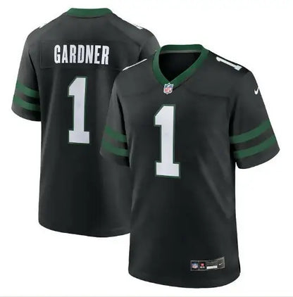 Black Ahmad Sauce Gardner York Jets Nike Game Jersey with green stripes and number 1