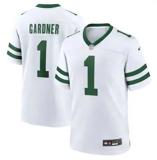 White Ahmad Sauce Gardner New York Jets Nike game jersey with green trim and number 1