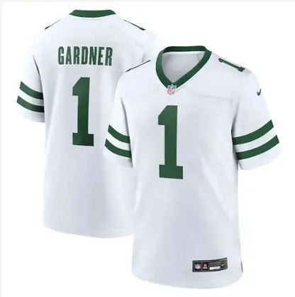 White Ahmad Sauce Gardner New York Jets Nike Legacy Player Game Jersey with green number 1
