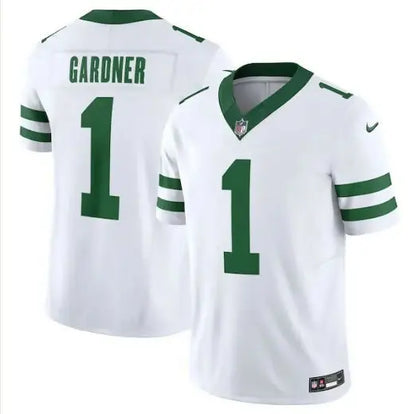 White football jersey with green trim and number 1 for Ahmad Sauce Gardner Jets Nike Vapor