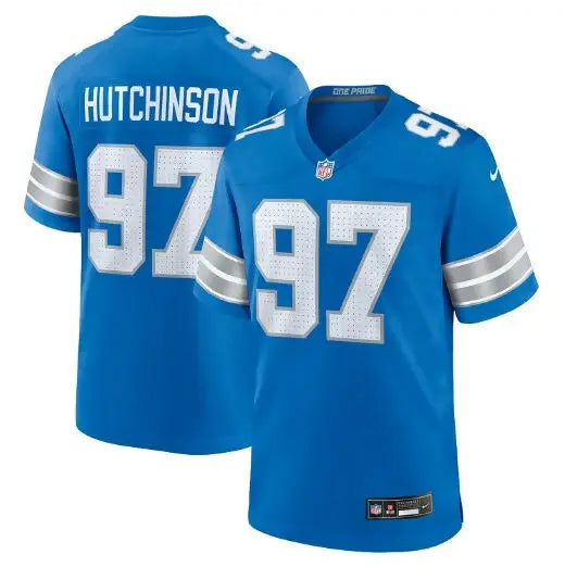 Blue football jersey with white numbers and lettering for Aidan Hutchinson Detroit Lions Nike jersey