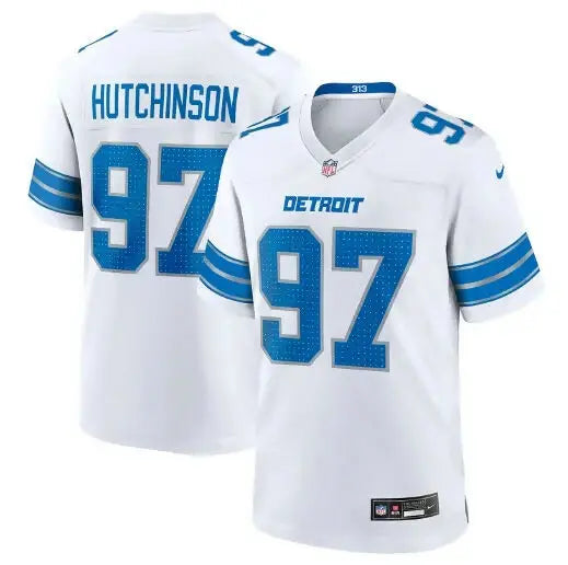 White Detroit Lions football jersey with blue Hutchinson 97 lettering and numbers