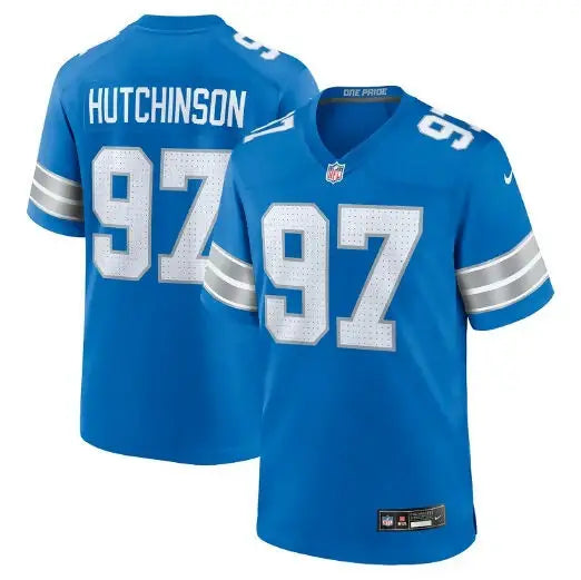 Two blue Detroit Lions Nike Game Jerseys with white numbers and lettering