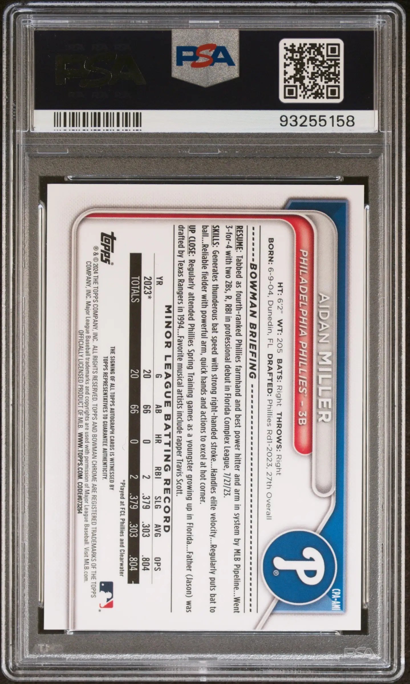 Aidan Miller 2023 Bowman Draft baseball card with serial number 93255158, Bowman Chrome autograph, PSA 10 Gem Mint