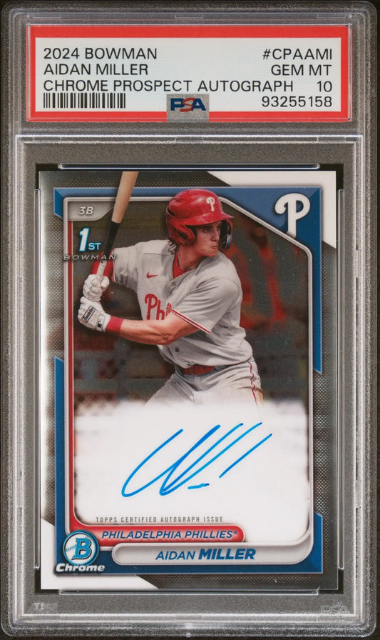 PSA 10 Gem Mint Aidan Miller 2024 Bowman Chrome Autograph Philadelphia Phillies card