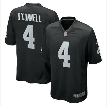 Black NFL jersey with number 4 featuring Aidan OConnell Las Vegas Raiders branding