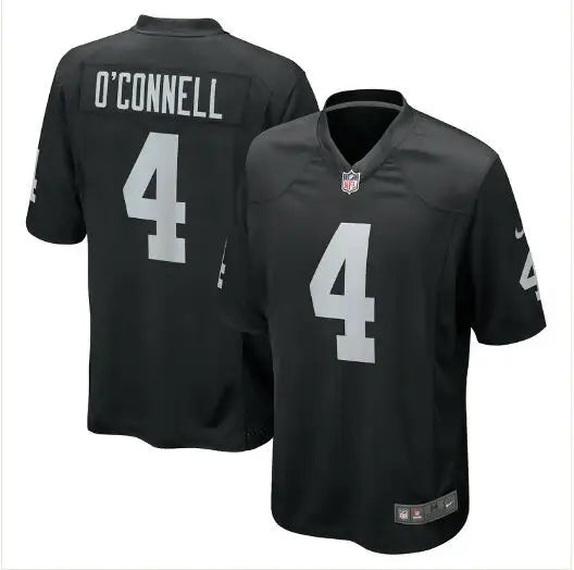 Black NFL jersey with number 4 featuring Aidan OConnell Las Vegas Raiders branding