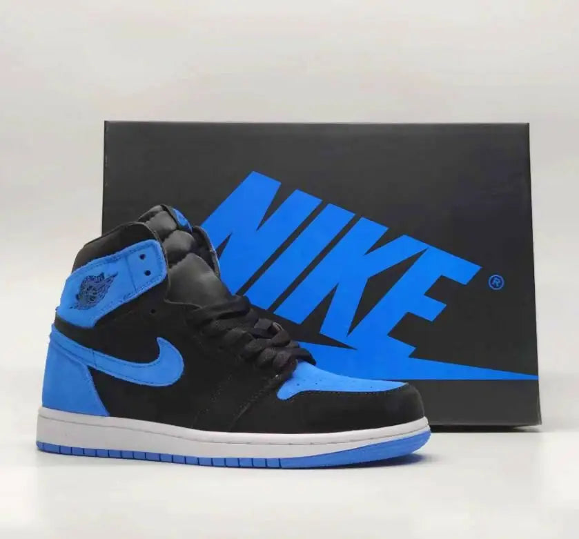 Black and blue Air Jordan 1 High OG Royal Blue sneakers with white sole, fast shipping