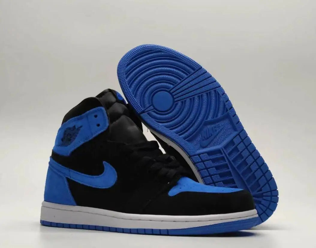 Black and blue Air Jordan 1 High OG Royal Blue sneakers with white midsole fast shipping