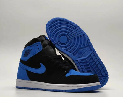 Black and blue Air Jordan 1 High OG Royal Blue sneakers with white midsole fast shipping