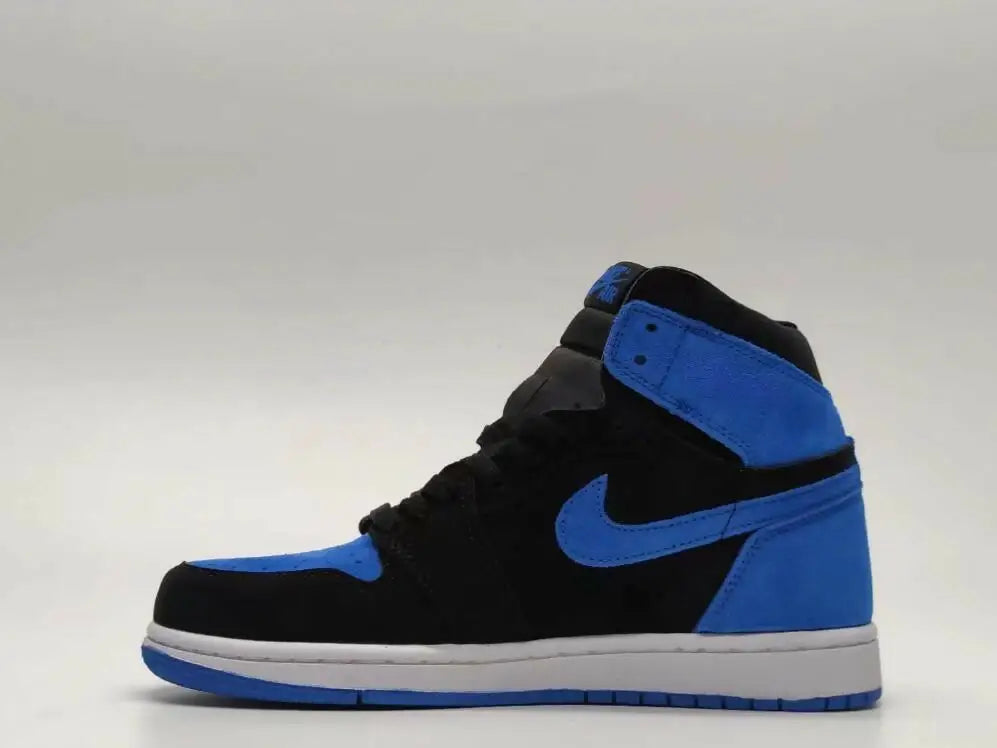 Air Jordan 1 High OG Royal Blue Reimagined Black sneaker with white sole, fast shipping