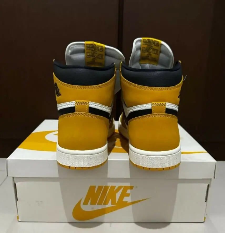 Air Jordan 1 High Yellow Ochre sneakers with yellow black white design, fast shipping