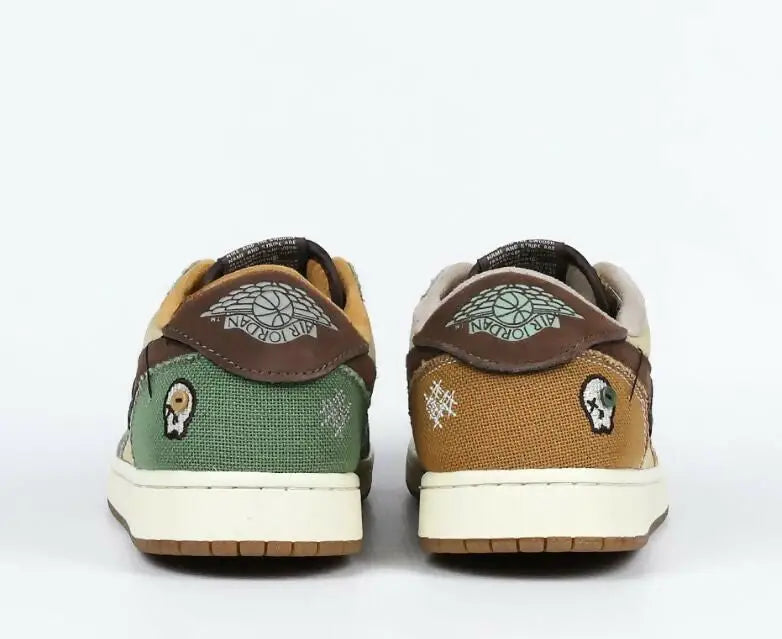 Mismatched Air Jordan 1 Low Zion Williamson Voodoo sneakers with skull embroidery, fast shipping