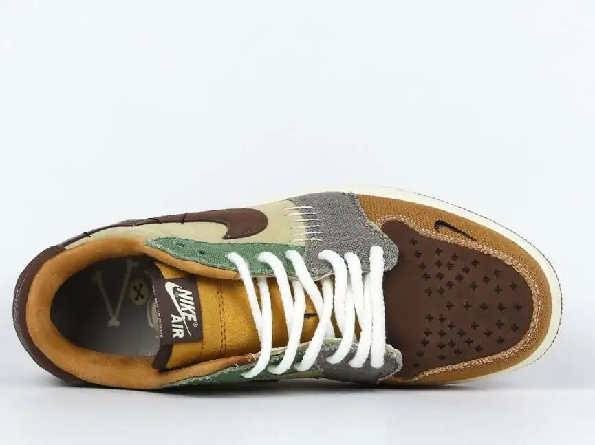 Nike Dunk Low patchwork sneaker in earthy tones with perforated toe box, fast shipping