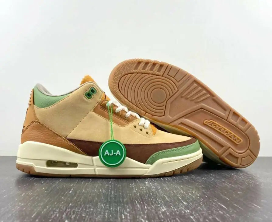 Beige brown and green leather suede Air Jordan 3 Zion Voodoo sneakers with gum sole and AJ-A tag