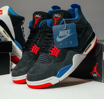 Black red blue Air Jordan 4 Retro Rare Air sneakers with Nike Air hang tag, fast shipping