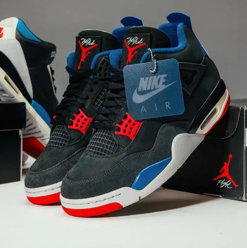 Black, red, and blue Air Jordan 4 Retro Rare Air sneakers with Nike Air tag, fast shipping