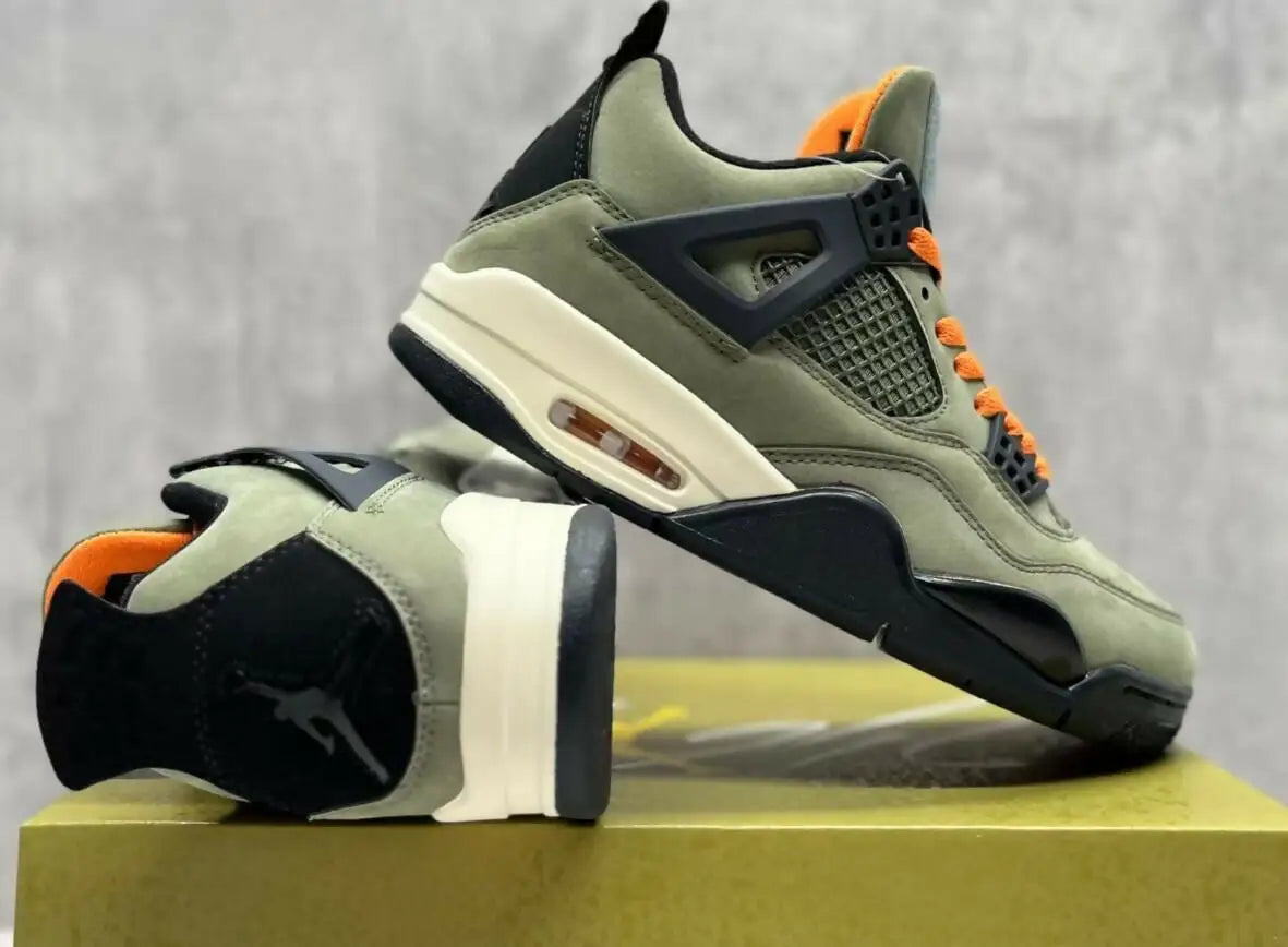 Olive green and black Air Jordan 4 Undefeated sneakers with orange laces and lining for fast shipping