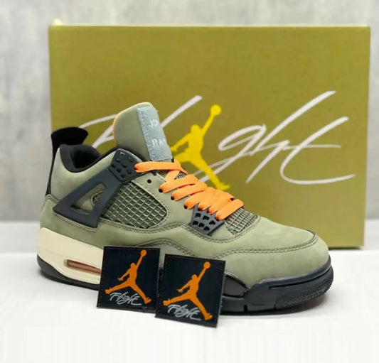 Olive green and black Air Jordan 4 Undefeated sneakers with orange laces, fast shipping