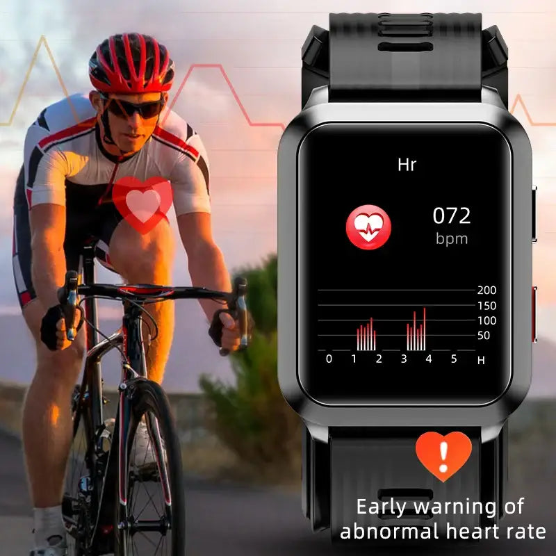 Smartwatch displaying heart rate data for a cyclist, featuring Air Pump Blood Pressure Measurement P60 with Air Bag