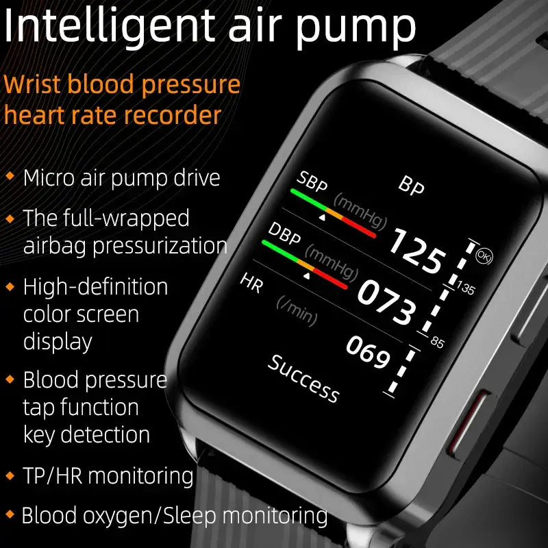 Air Pump Blood Pressure Smartwatch P60 monitoring blood pressure, heart rate, oxygen, sleep