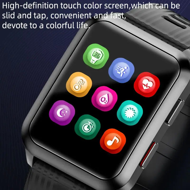 Black smartwatch with colorful interface for air pump blood pressure monitoring on Business Days