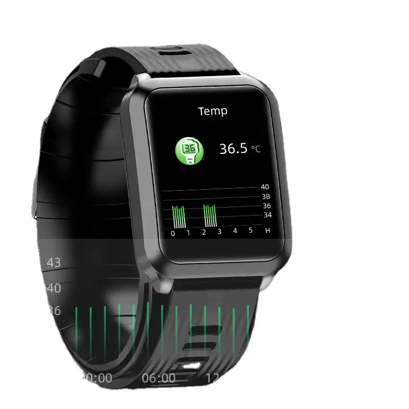Black Smartwatch P60 with air pump blood pressure monitor and temperature graph display