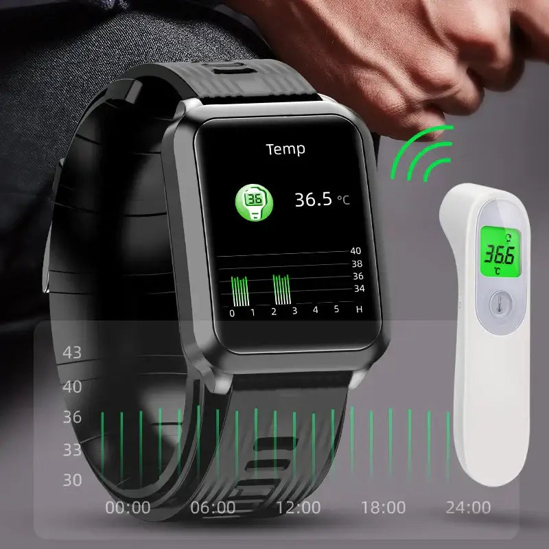 Black Air Pump Blood Pressure Smartwatch P60 displaying body temperature and graph
