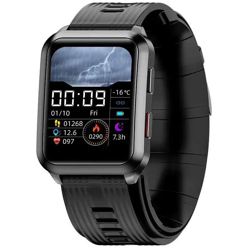 Black Smartwatch with digital display showing time weather and fitness metrics for Air Pump Blood Pressure measurement