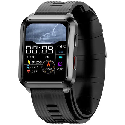 Black Smartwatch with digital display showing time weather and fitness metrics for Air Pump Blood Pressure measurement