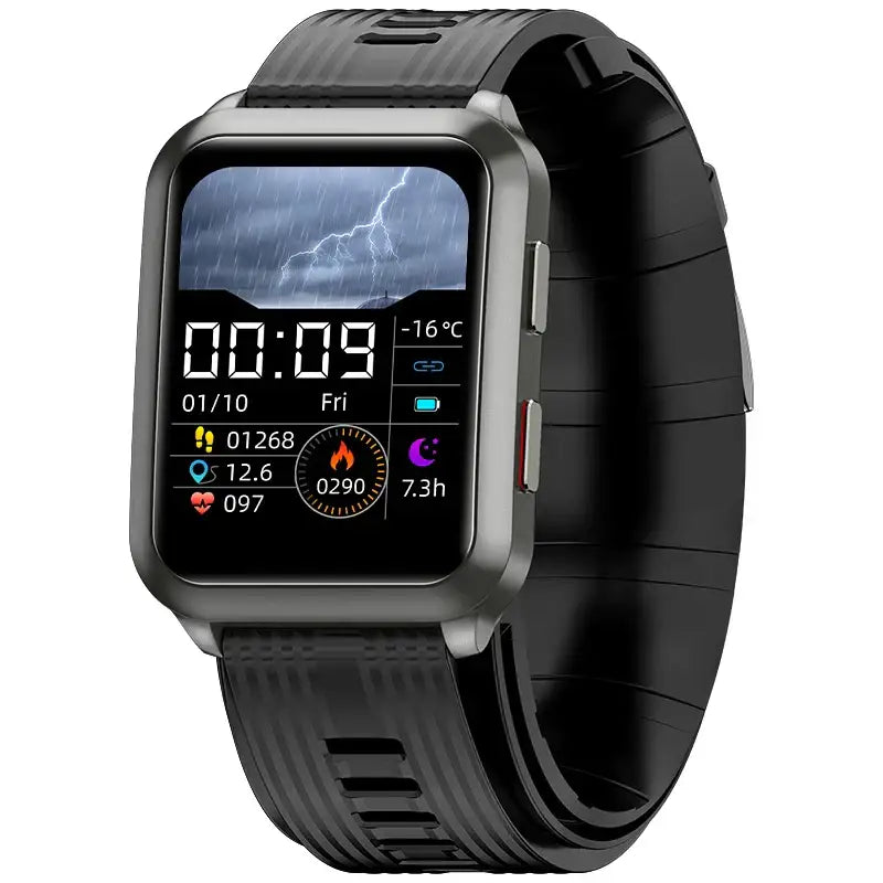 Black-banded Air Pump Blood Pressure Smartwatch P60 with Air Bag displaying time and fitness