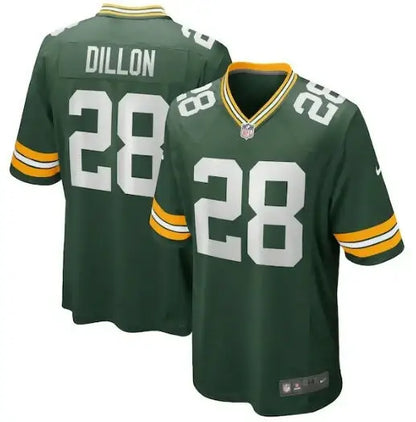 Green Bay Packers Aaron Jones #28 home jersey displayed on AJ Dillon Nike Game Player Jersey Green