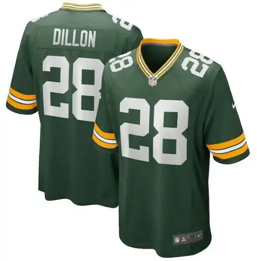 Green Bay Packers Aaron Jones #28 home jersey displayed on AJ Dillon Nike Game Player Jersey Green