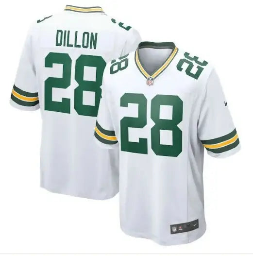 White and green AJ Dillon Green Bay Packers Nike Game Player Jersey with number 28